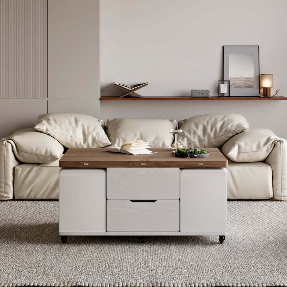Modern Black Coffee Table with Storage Drawers & Wheels