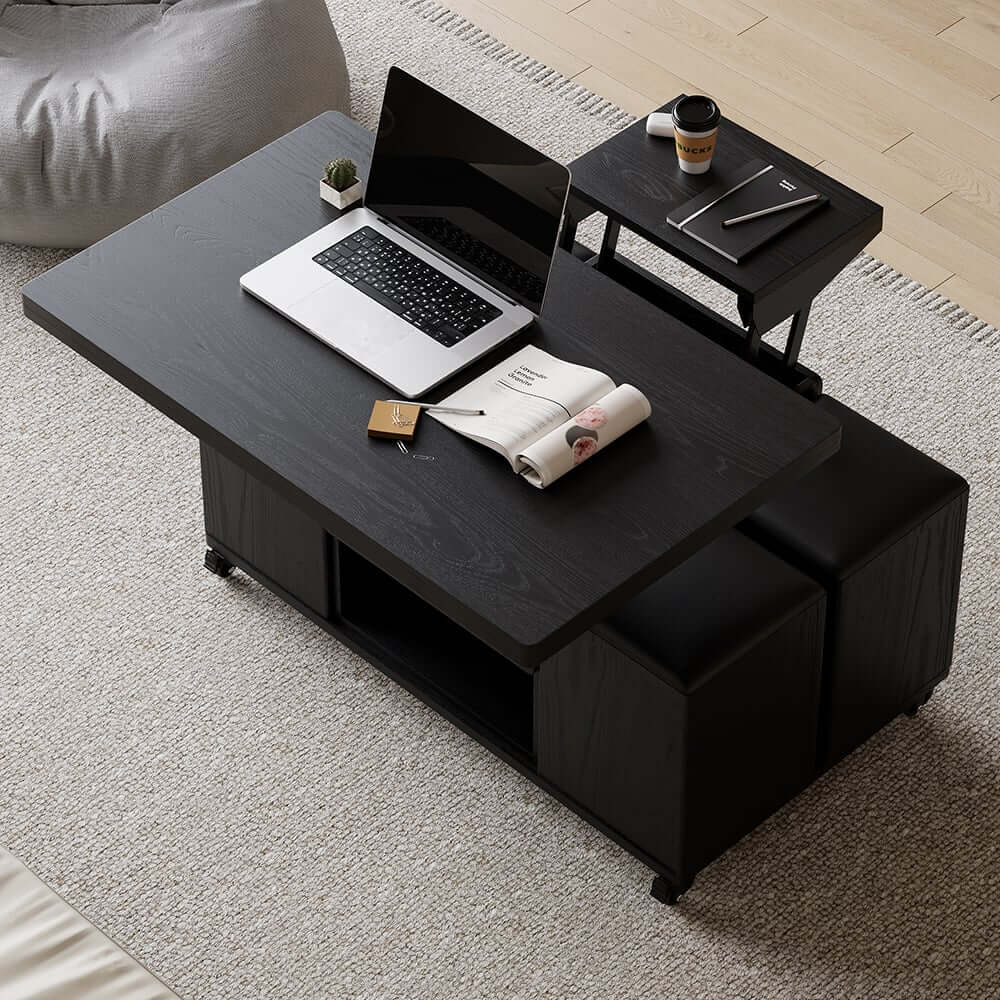 Modern Black Coffee Table with Storage Drawers & Wheels