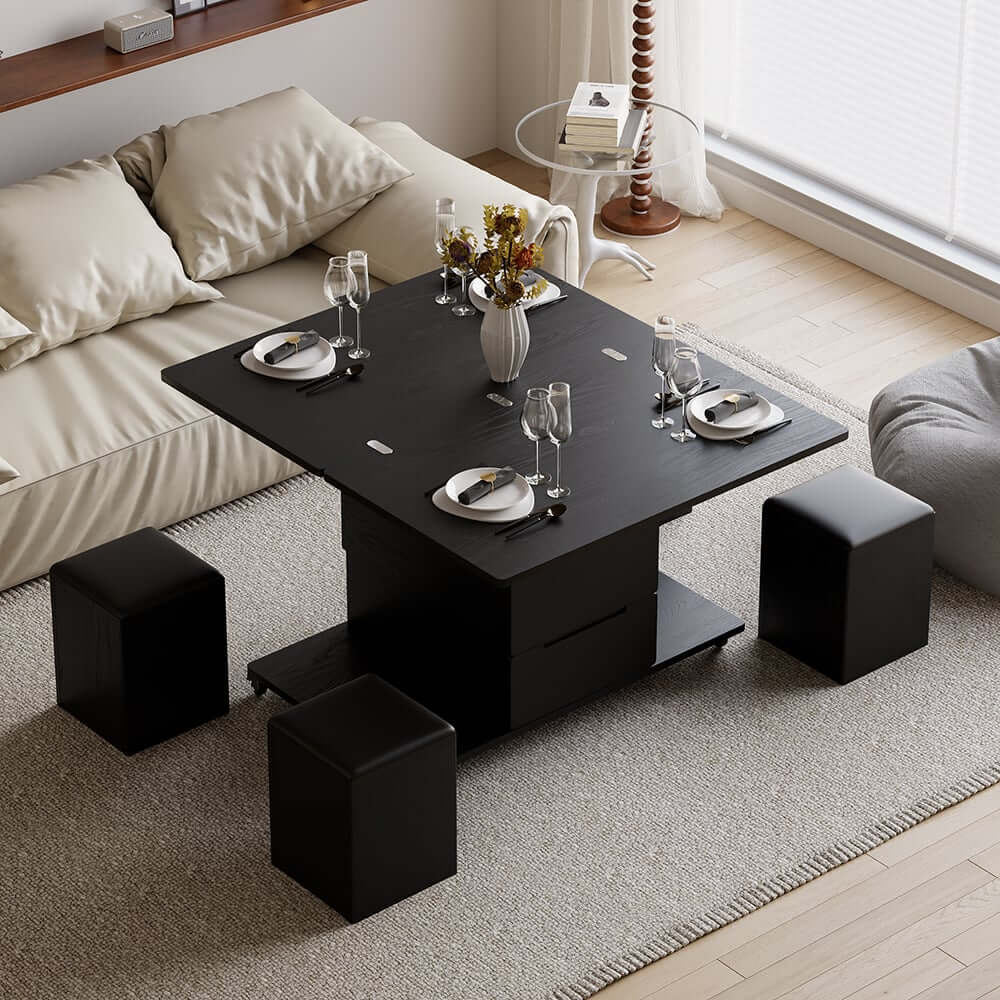 Modern Black Coffee Table with Storage Drawers & Wheels