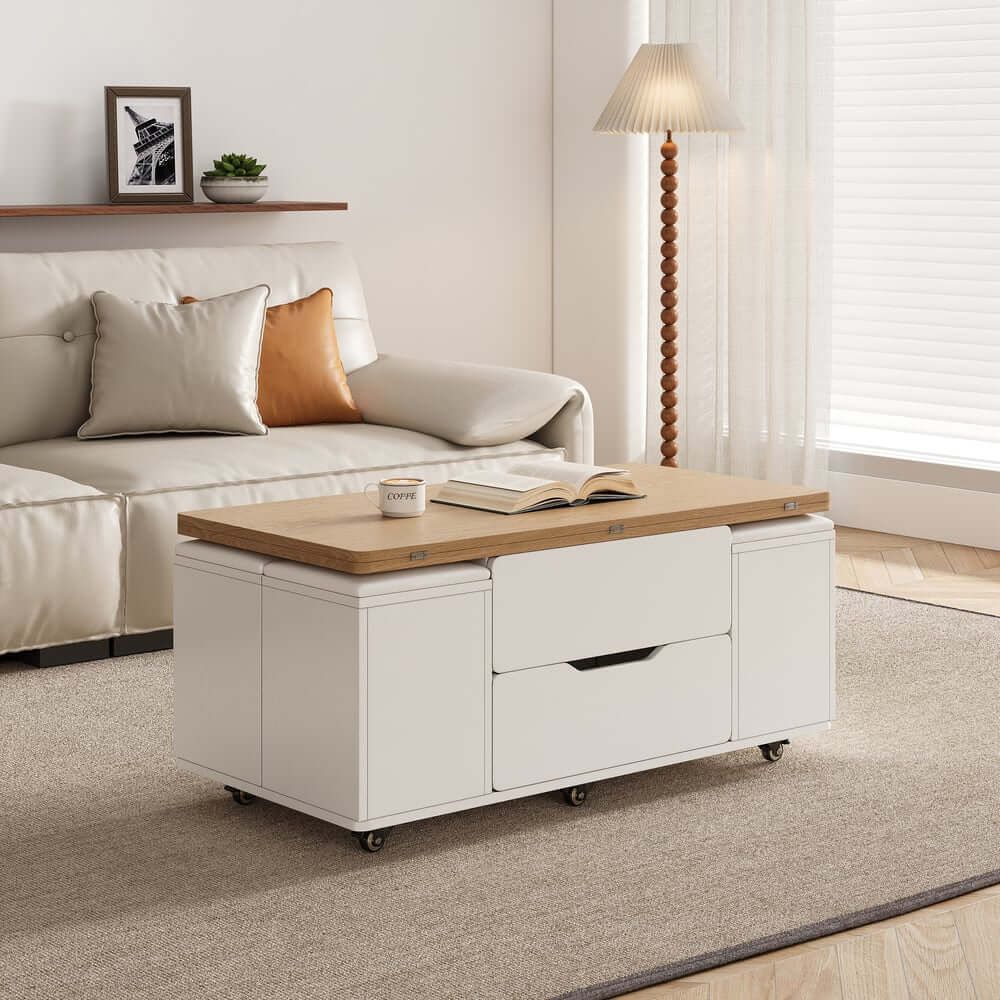 Modern Black Coffee Table with Storage Drawers & Wheels