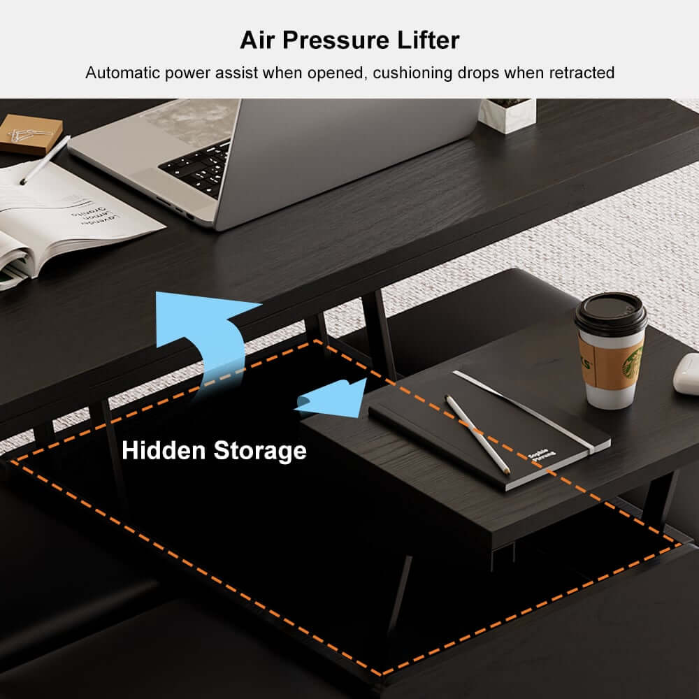Modern Black Coffee Table with Storage Drawers & Wheels