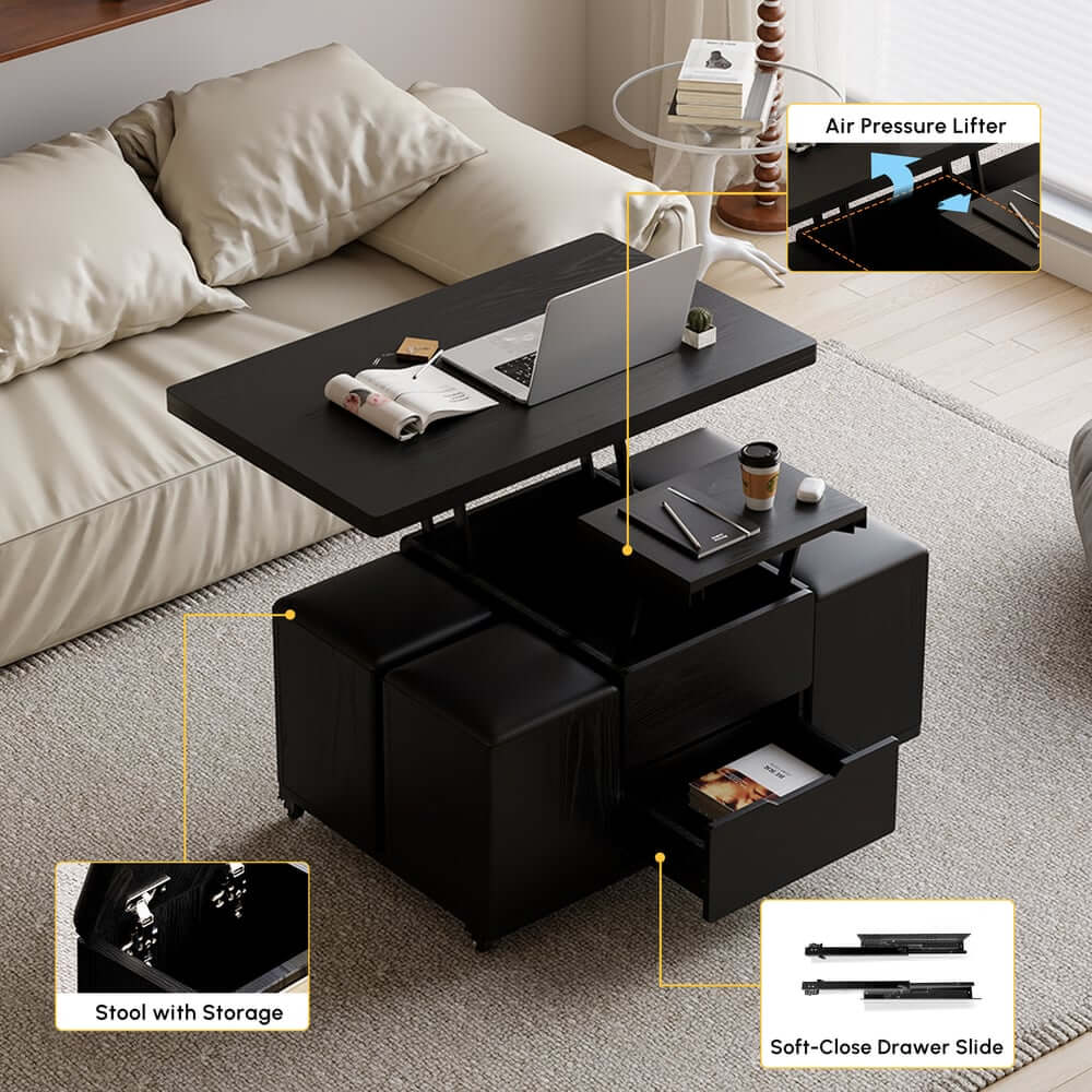 Modern Black Coffee Table with Storage Drawers & Wheels