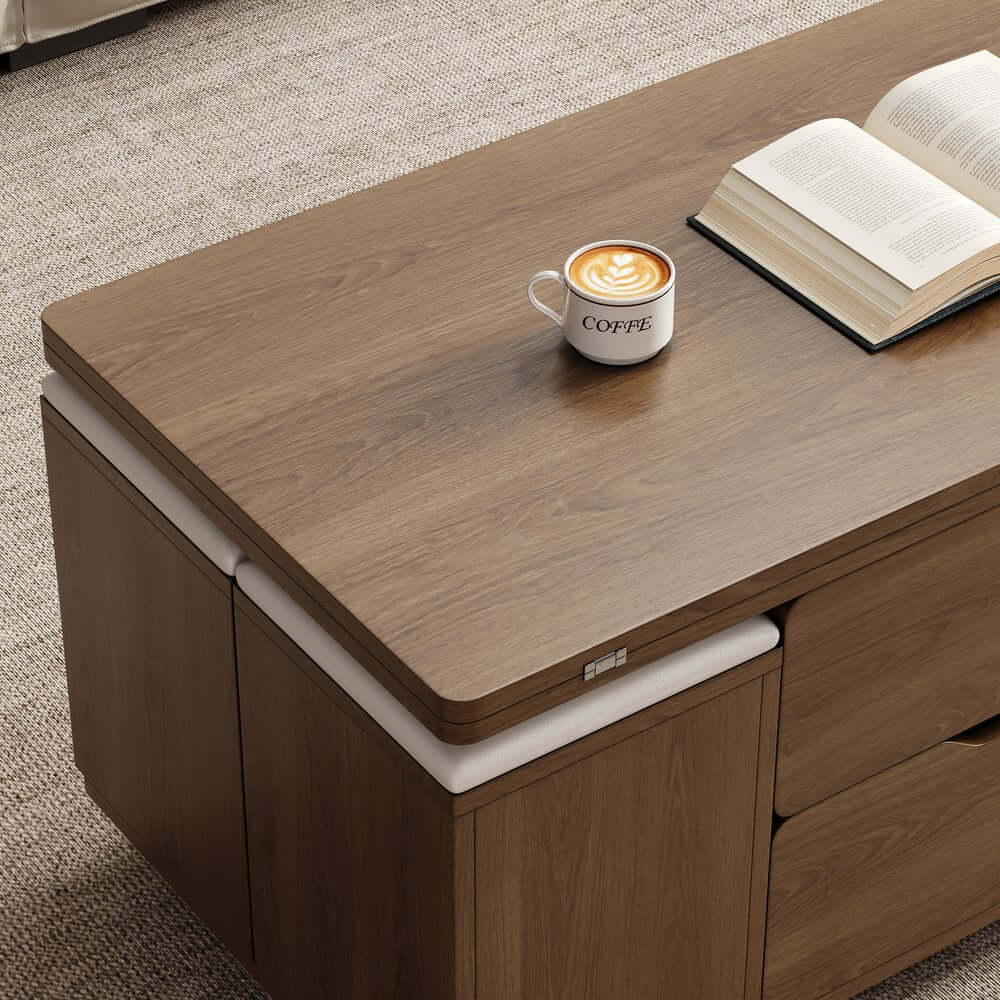 Modern Black Coffee Table with Storage Drawers & Wheels
