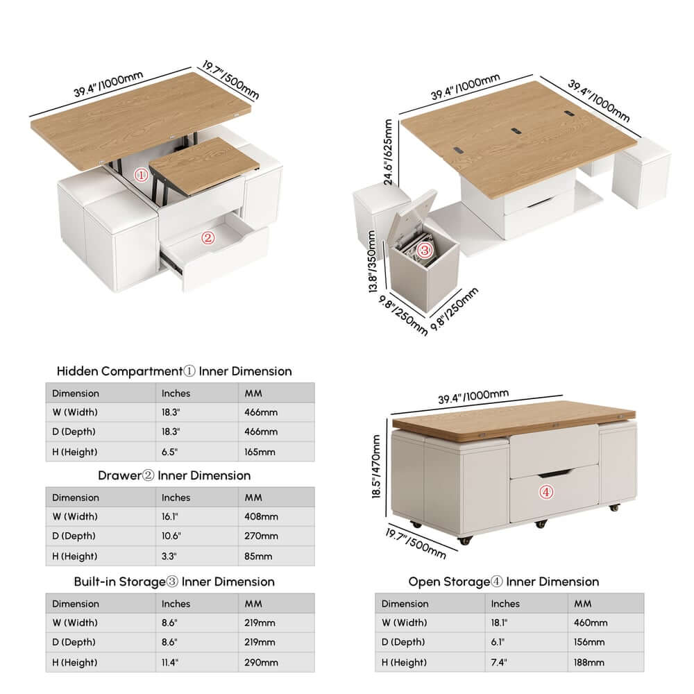 Modern Black Coffee Table with Storage Drawers & Wheels Dimensions