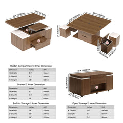 Modern Black Coffee Table with Storage Drawers & Wheels Dimensions