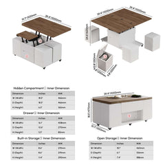 Modern Black Coffee Table with Storage Drawers & Wheels Dimensions