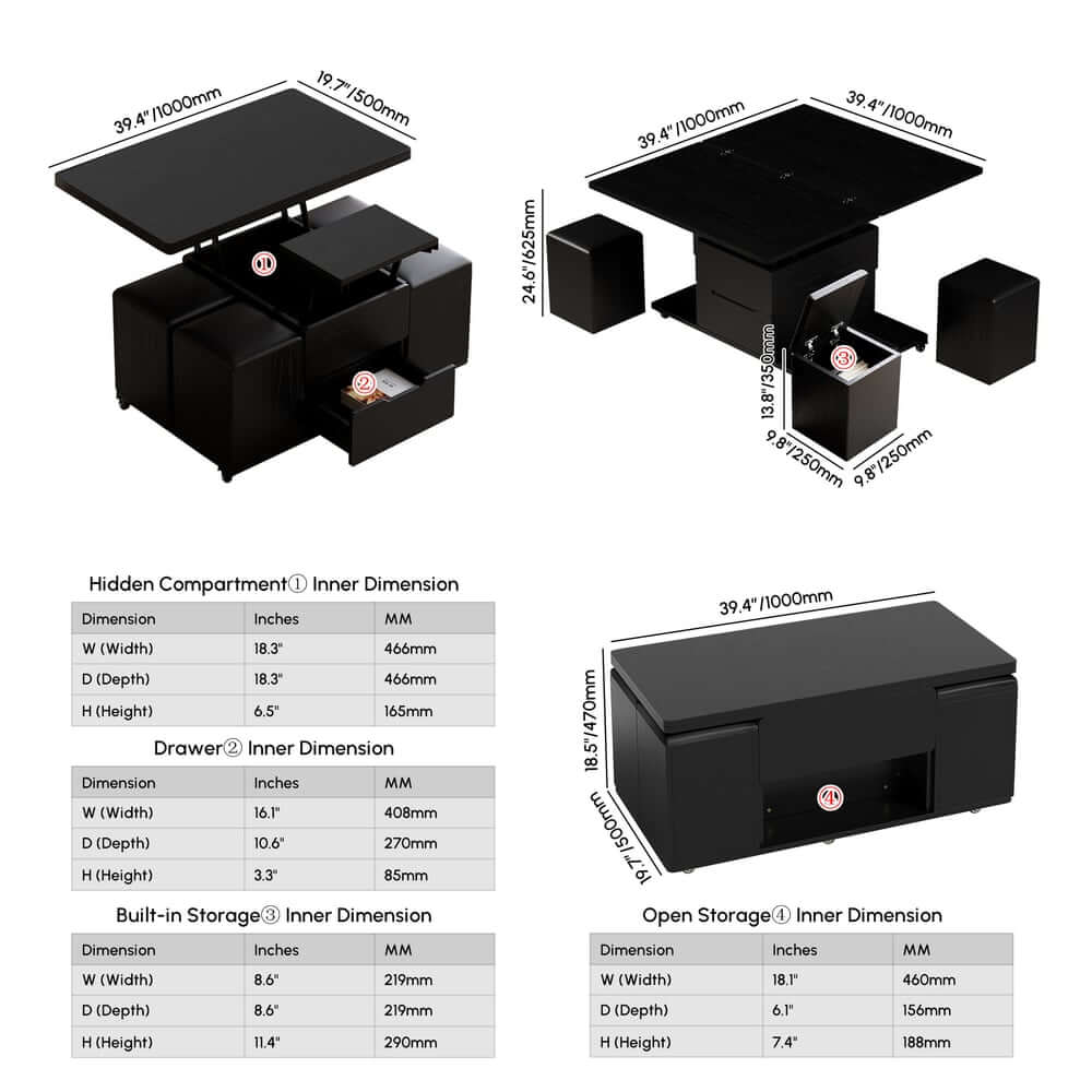 Modern Black Coffee Table with Storage Drawers & Wheels Dimensions