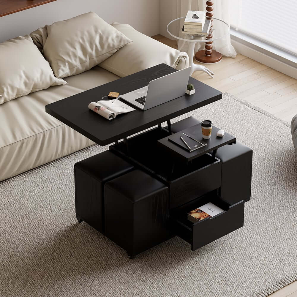 Modern Black Coffee Table with Storage Drawers & Wheels Main Product Image