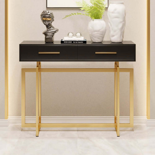 Modern Black Console Table with Gold Accents and Ample Storage Main Product Image