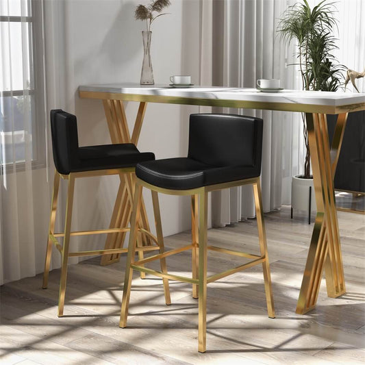 Modern Black Faux Leather Bar Stools With Gold Legs