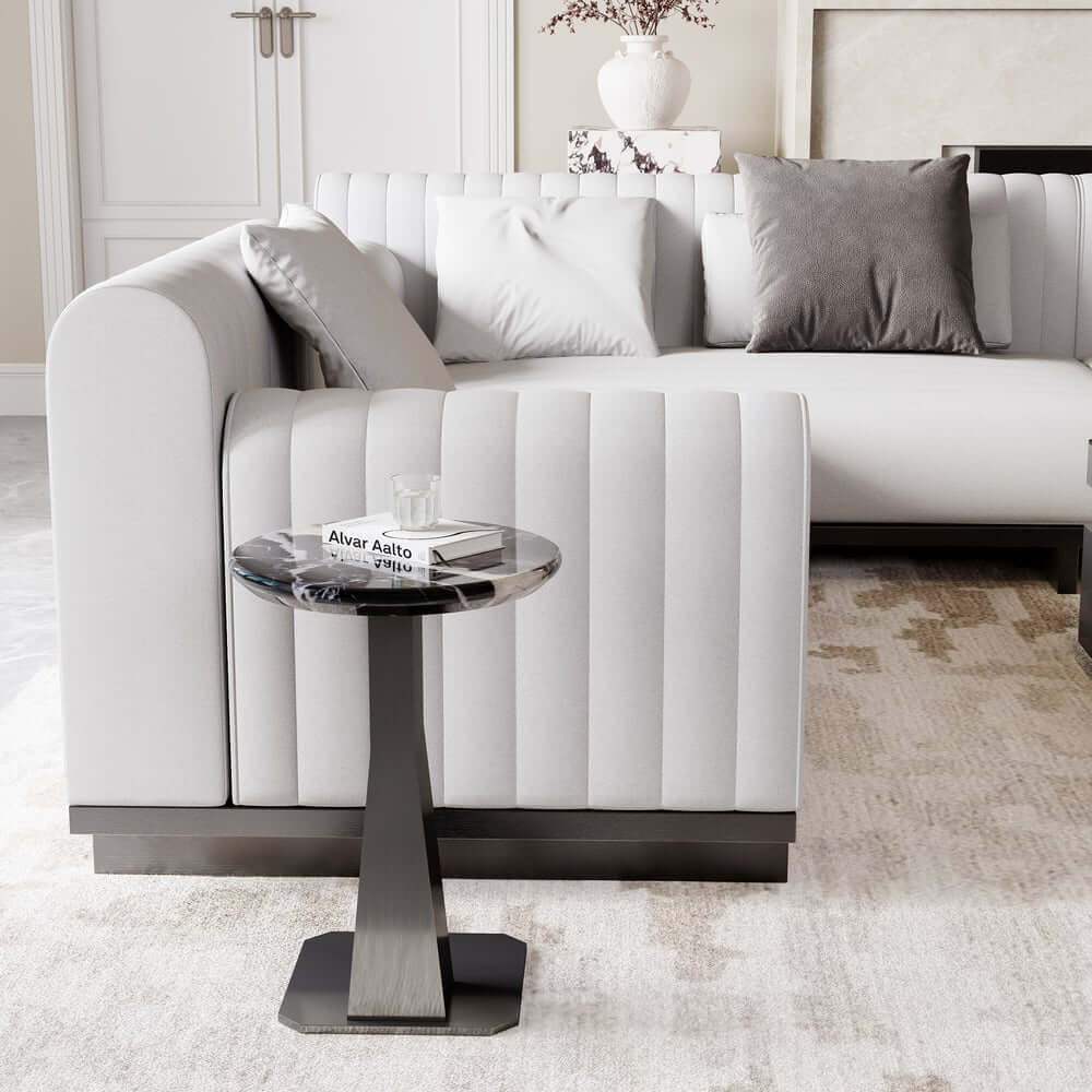 Modern Black Faux Marble Side Table With Stainless Steel Base