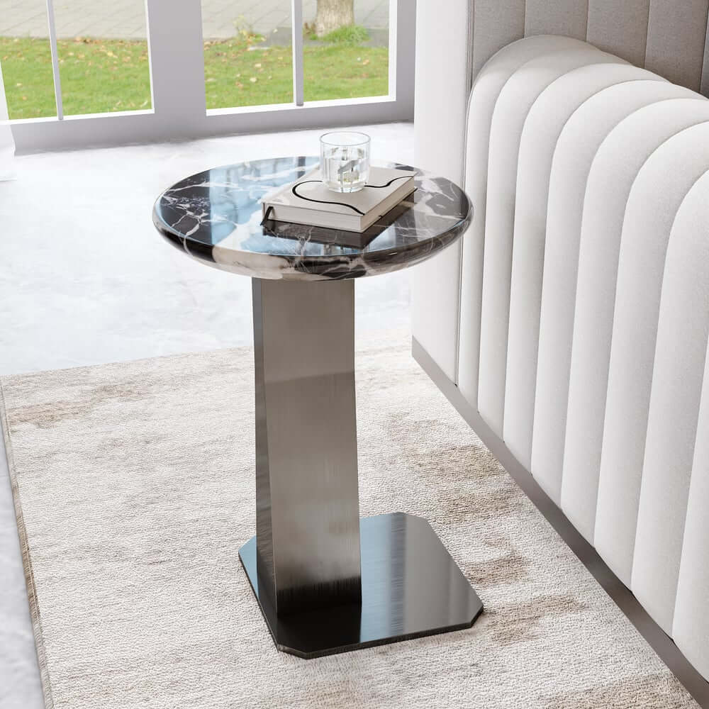 Modern Black Faux Marble Side Table With Stainless Steel Base