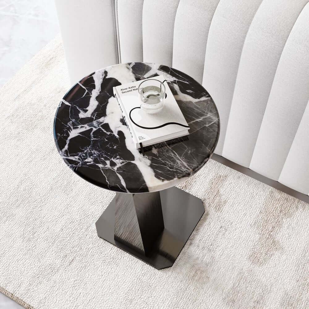 Modern Black Faux Marble Side Table With Stainless Steel Base