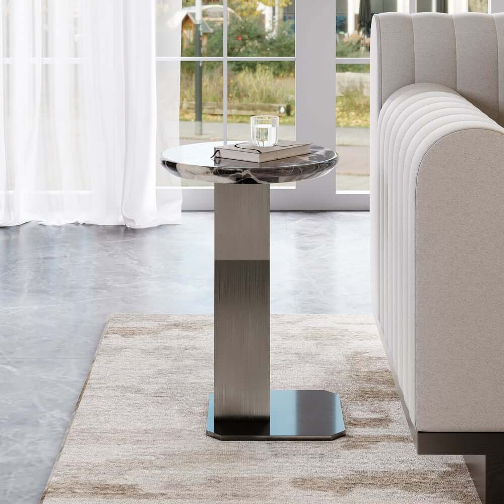 Modern Black Faux Marble Side Table With Stainless Steel Base