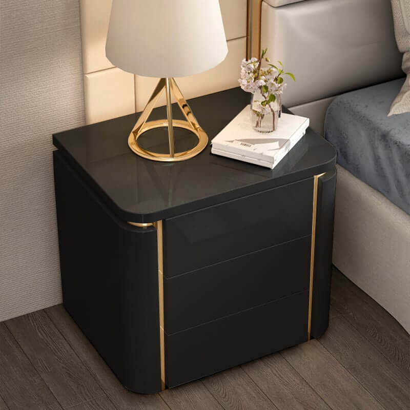 Modern Black & Gold 3-Drawer Nightstand - Engineered Wood