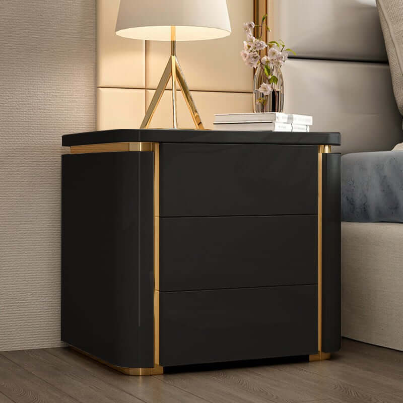 Modern Black & Gold 3-Drawer Nightstand - Engineered Wood