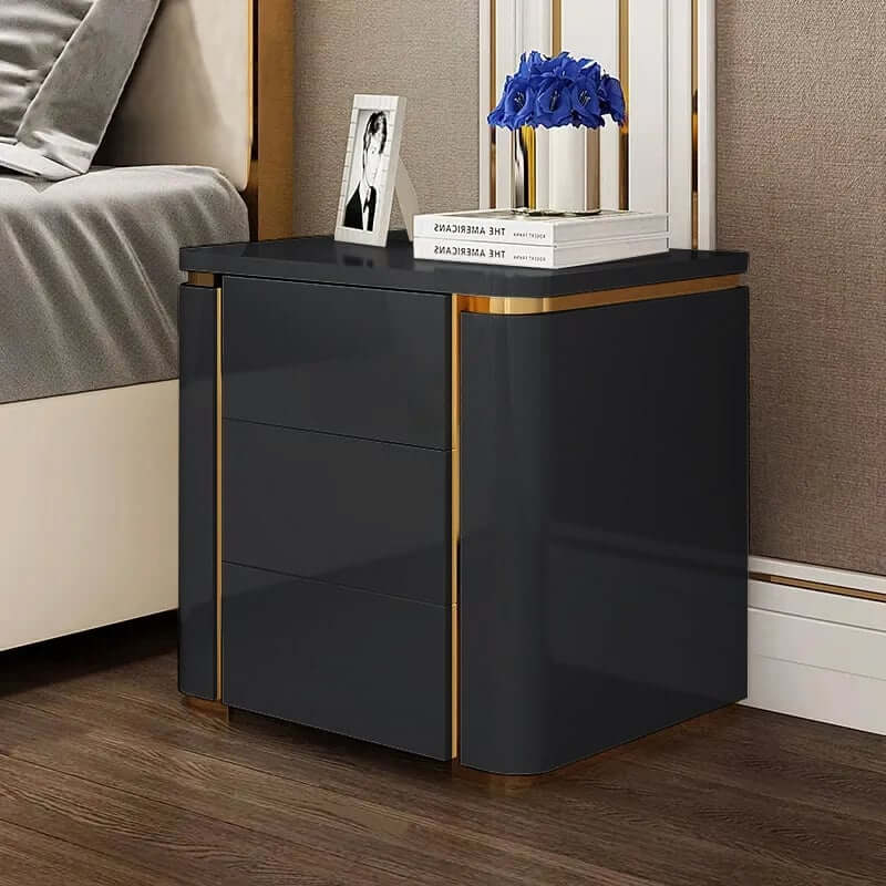 Modern Black & Gold 3-Drawer Nightstand - Engineered Wood Main Product Image