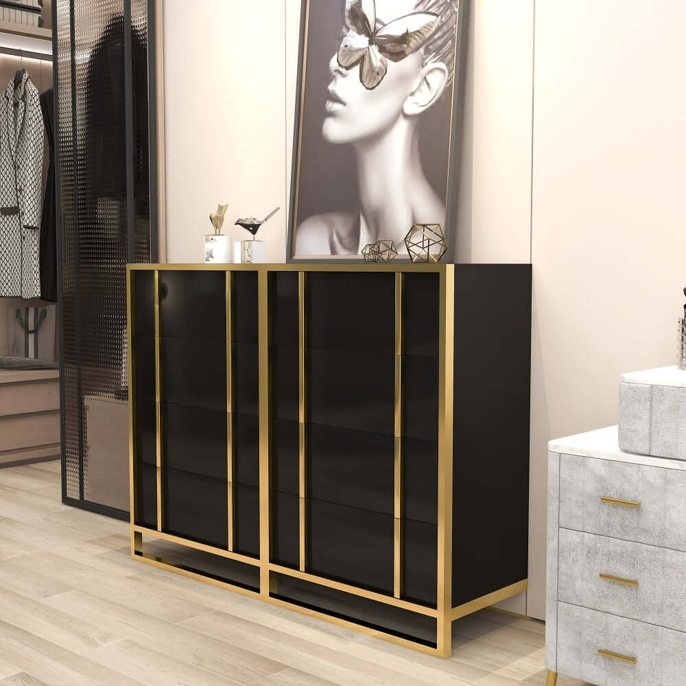 Modern Black & Gold 4-Drawer Pine Wood Storage Cabinet