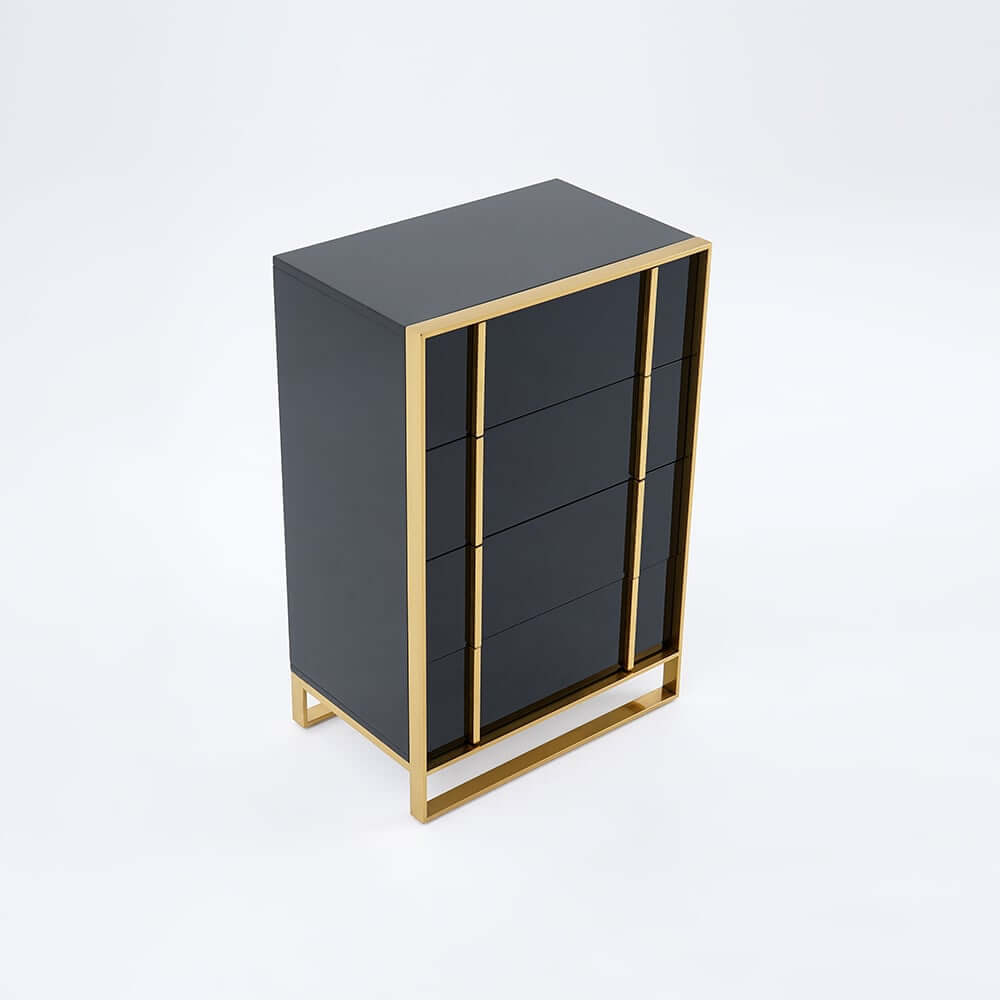 Modern Black & Gold 4-Drawer Pine Wood Storage Cabinet