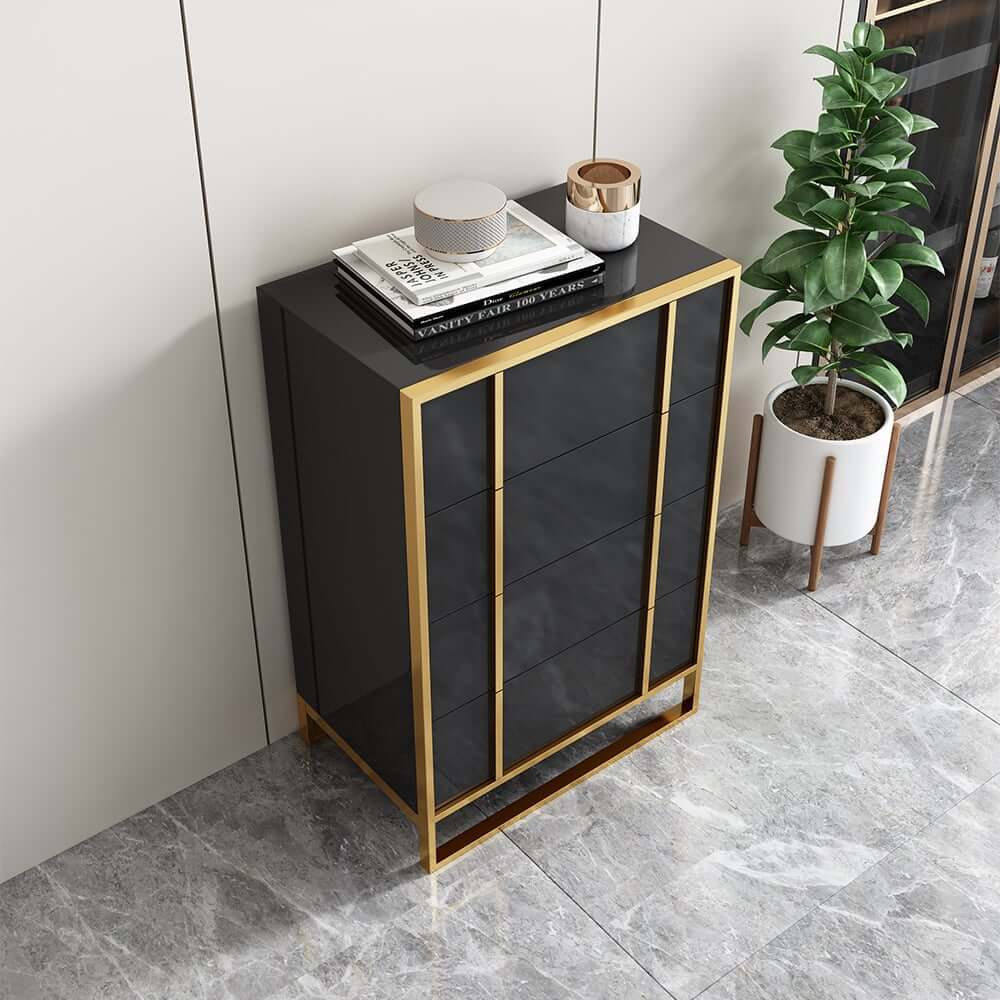 Modern Black & Gold 4-Drawer Pine Wood Storage Cabinet