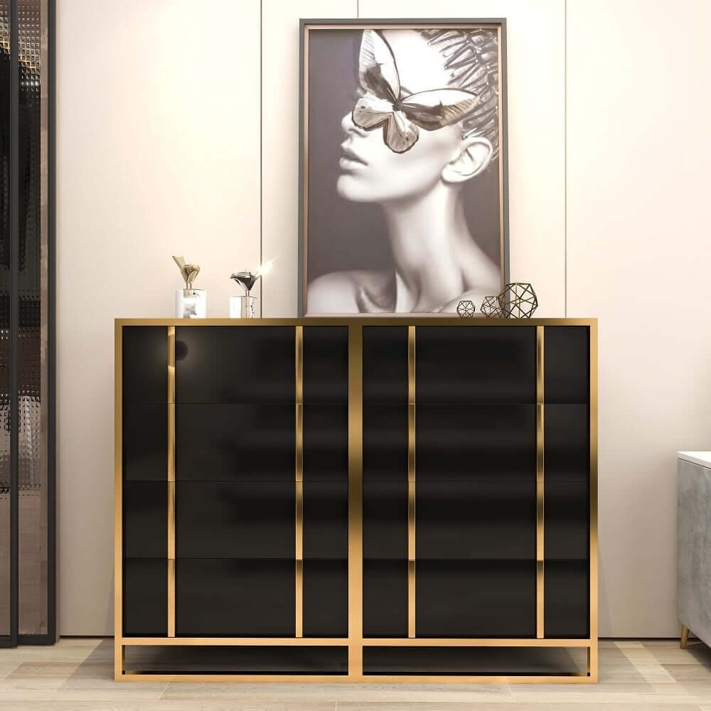 Modern Black & Gold 4-Drawer Pine Wood Storage Cabinet