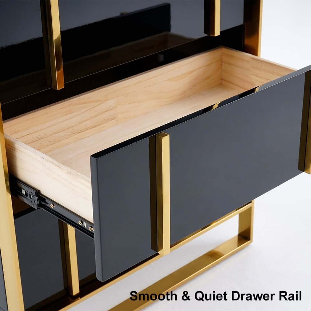 Modern Black & Gold 4-Drawer Pine Wood Storage Cabinet