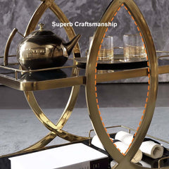 Modern Black & Gold Bar Cart with Tempered Glass Shelves