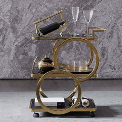 Modern Black & Gold Bar Cart with Tempered Glass Shelves