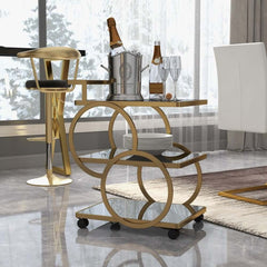 Modern Black & Gold Bar Cart with Tempered Glass Shelves