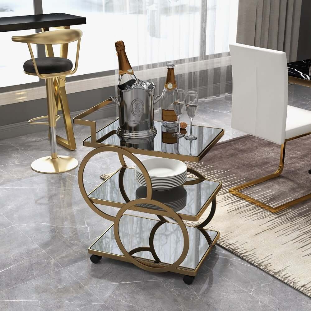 Modern Black & Gold Bar Cart with Tempered Glass Shelves