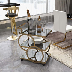 Modern Black & Gold Bar Cart with Tempered Glass Shelves