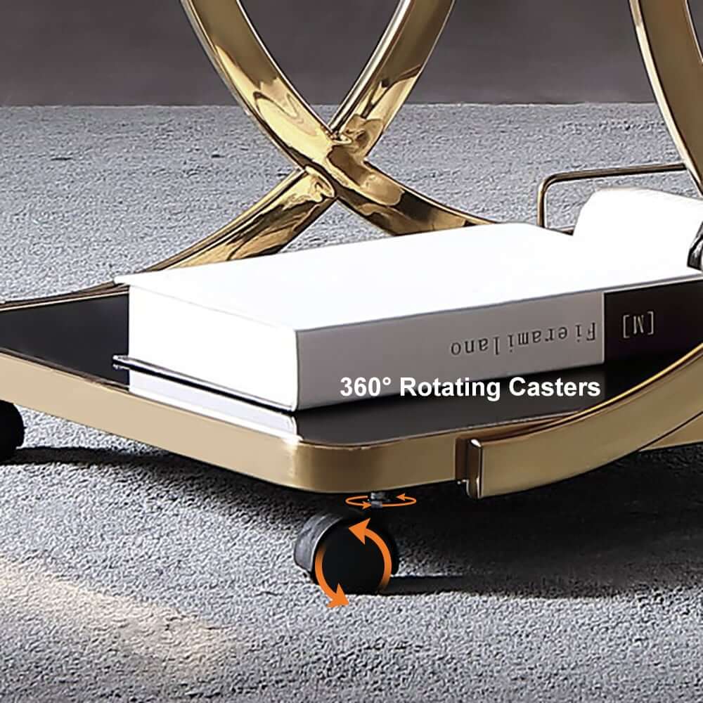 Modern Black & Gold Bar Cart with Tempered Glass Shelves