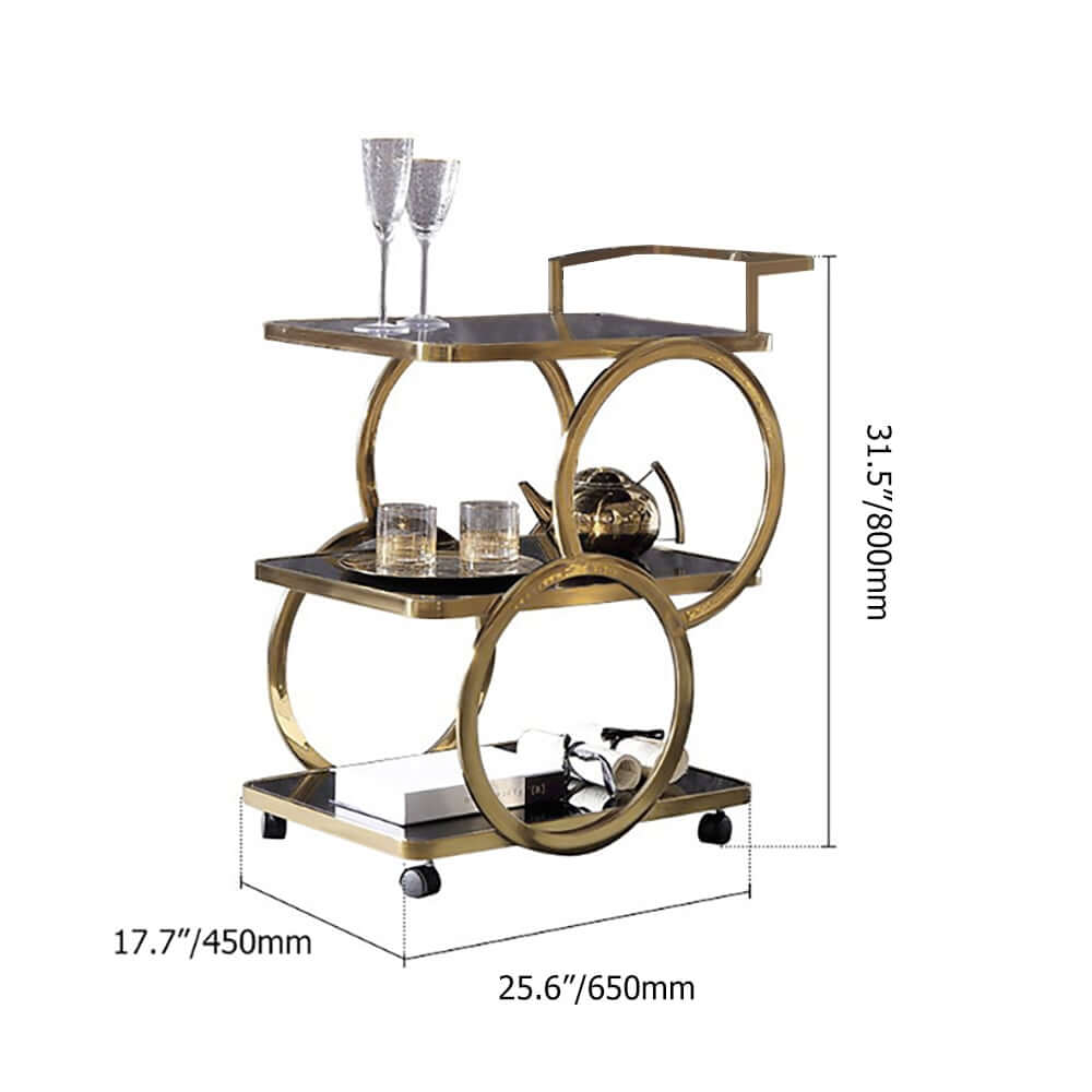 Modern Black & Gold Bar Cart with Tempered Glass Shelves Dimensions