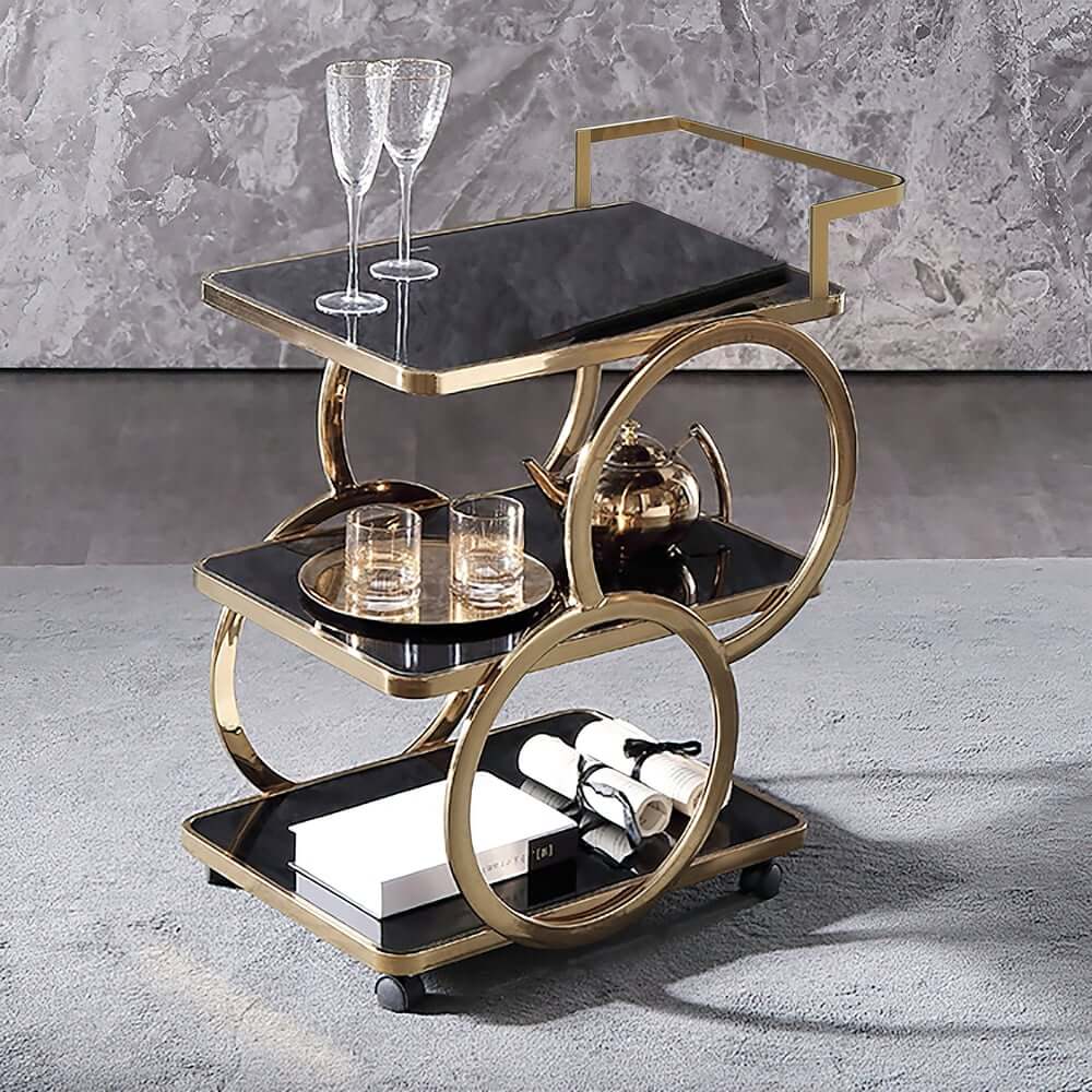 Modern Black & Gold Bar Cart with Tempered Glass Shelves Main Product Image