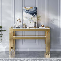 Modern Black & Gold Faux Marble Console Table with Shelves