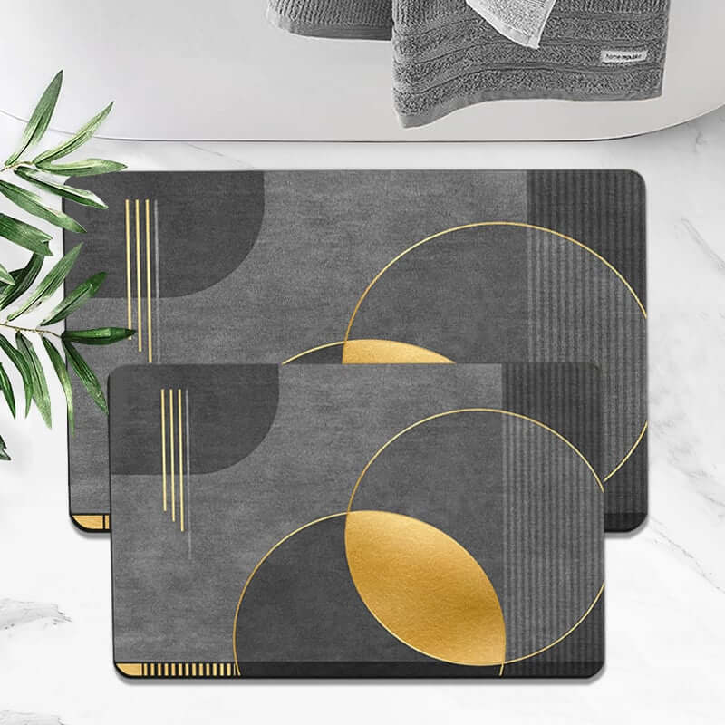 Modern Black & Gold Geometric Bath Rug Set in Rubber