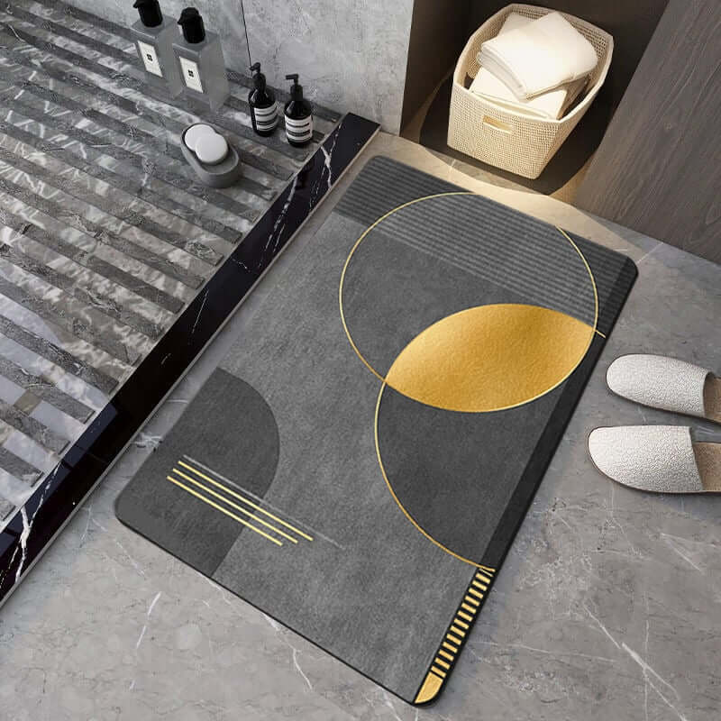 Modern Black & Gold Geometric Bath Rug Set in Rubber