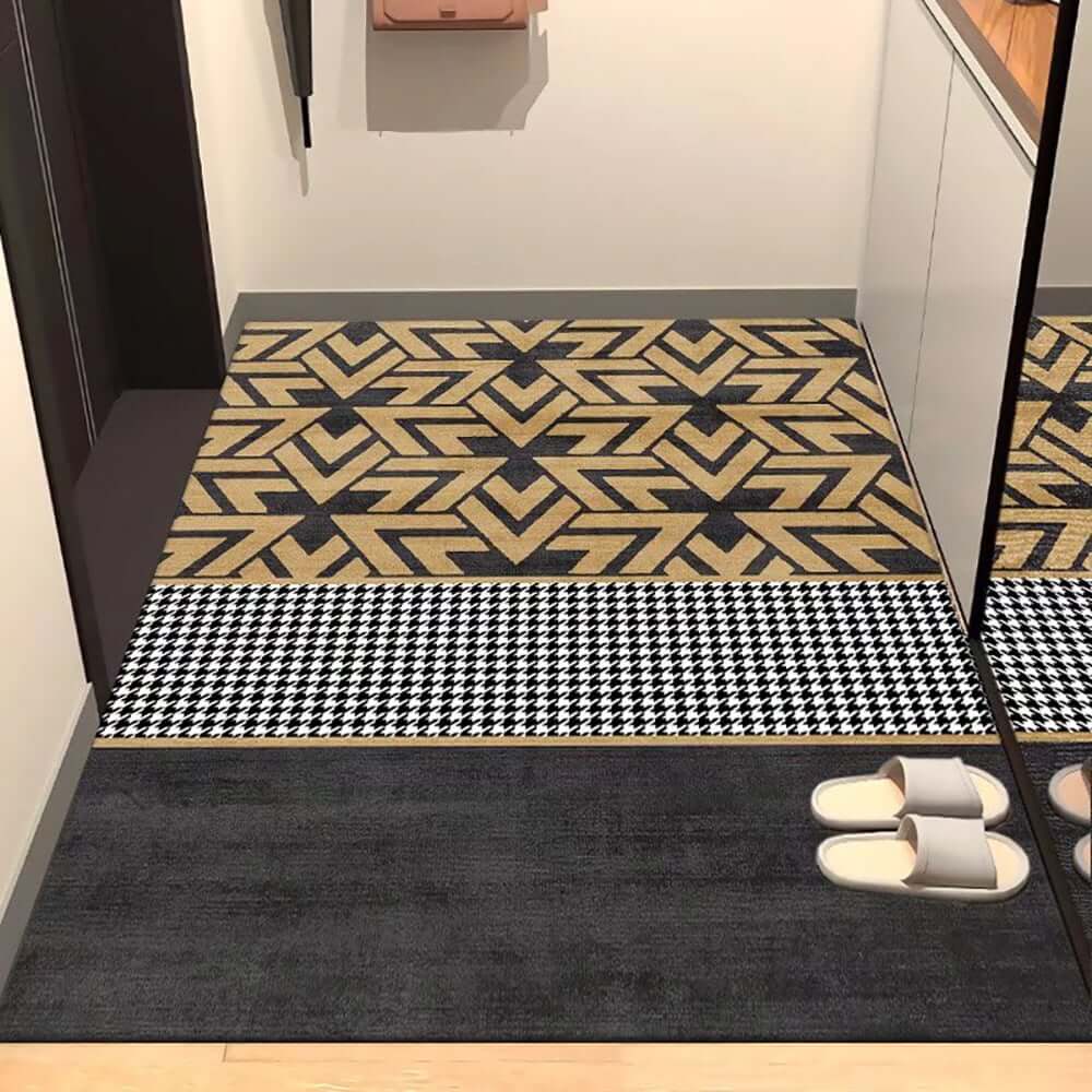 Modern Black & Gold Geometric Door Mat Set in Polyester