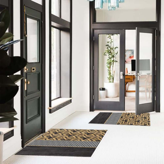 Modern Black & Gold Geometric Door Mat Set in Polyester