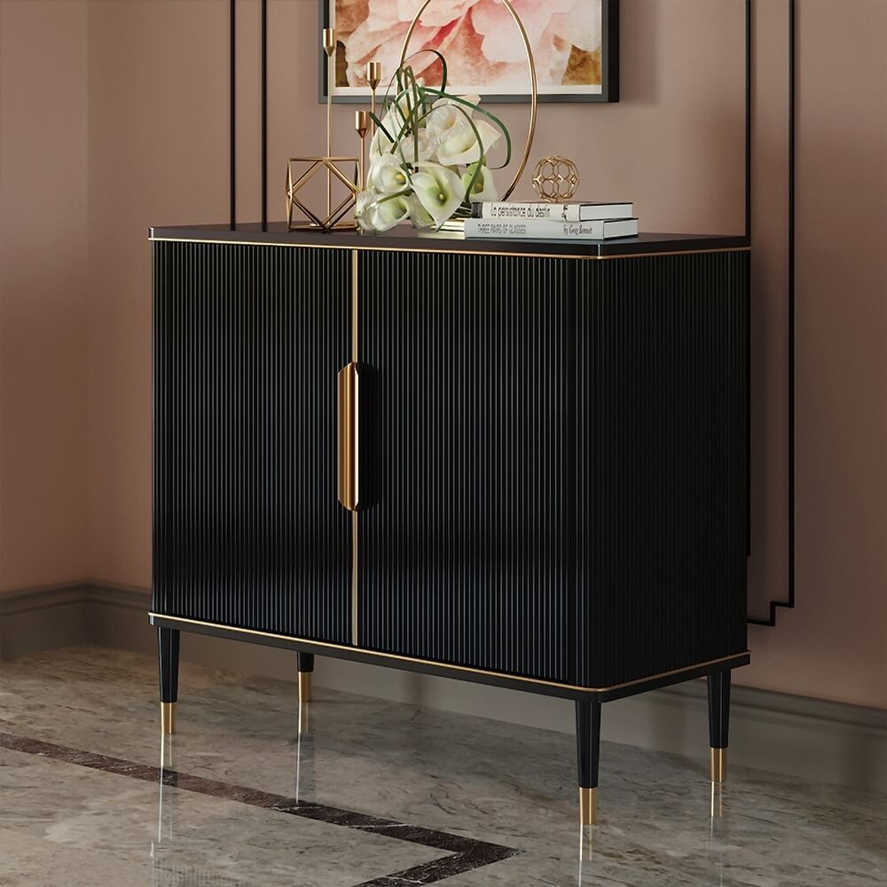 Modern Black & Gold MDF Cabinet With Stainless Steel Doors