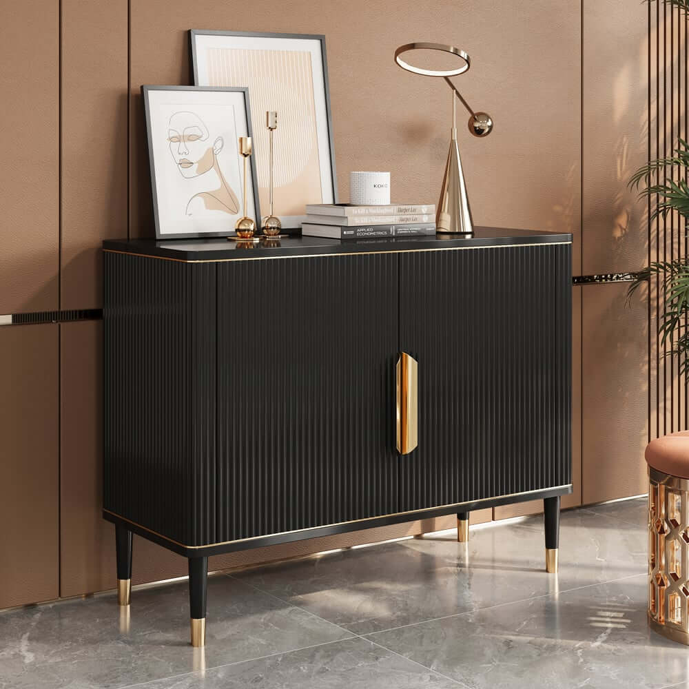 Modern Black & Gold MDF Cabinet With Stainless Steel Doors