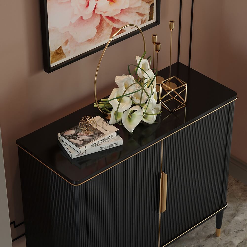 Modern Black & Gold MDF Cabinet With Stainless Steel Doors