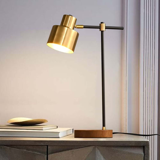 Modern Black & Gold Solid Wood Desk Lamp with USB Charging Port Main Product Image