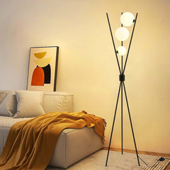 Modern Black Iron Tripod Floor Lamp with White Glass Shade