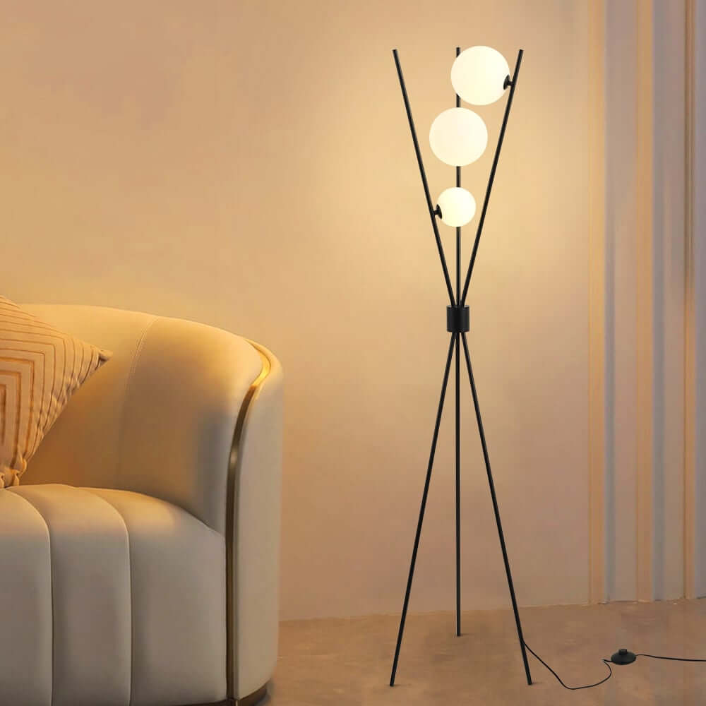 Modern Black Iron Tripod Floor Lamp with White Glass Shade