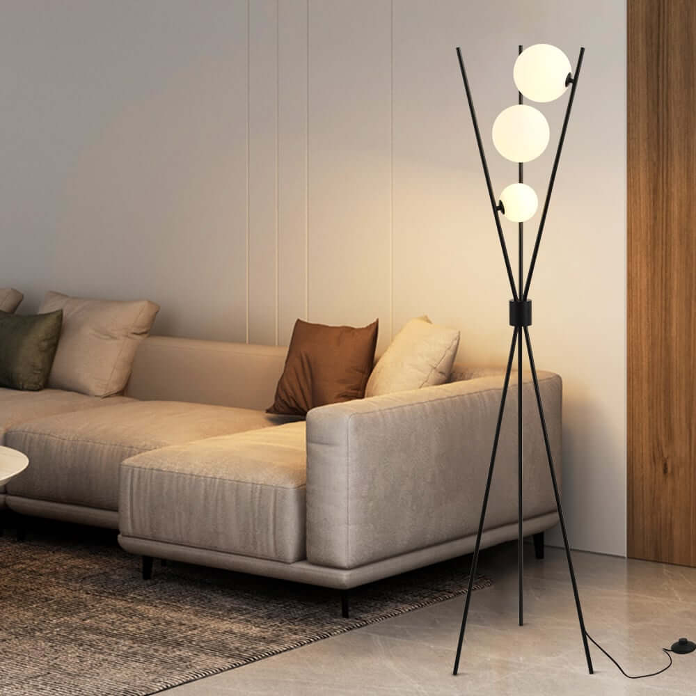 Modern Black Iron Tripod Floor Lamp with White Glass Shade