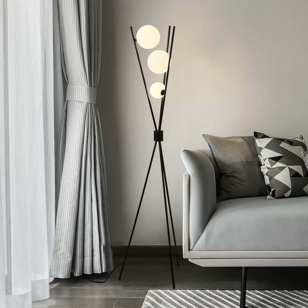 Modern Black Iron Tripod Floor Lamp with White Glass Shade