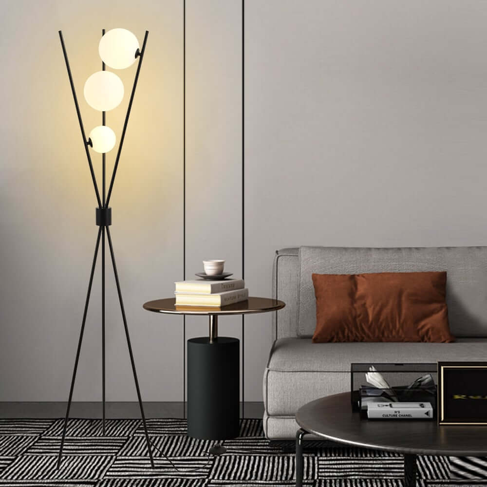 Modern Black Iron Tripod Floor Lamp with White Glass Shade Main Product Image