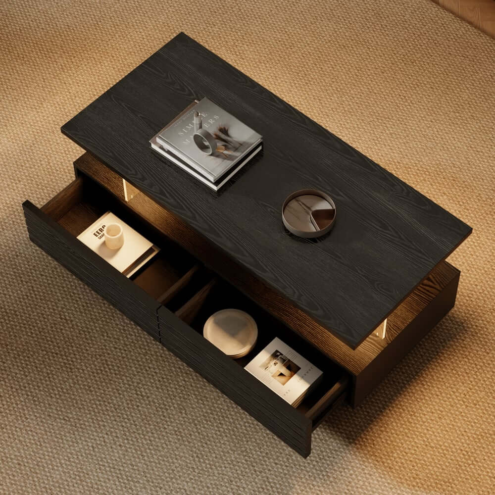 Modern Black MDF Coffee Table Set With Storage Drawers