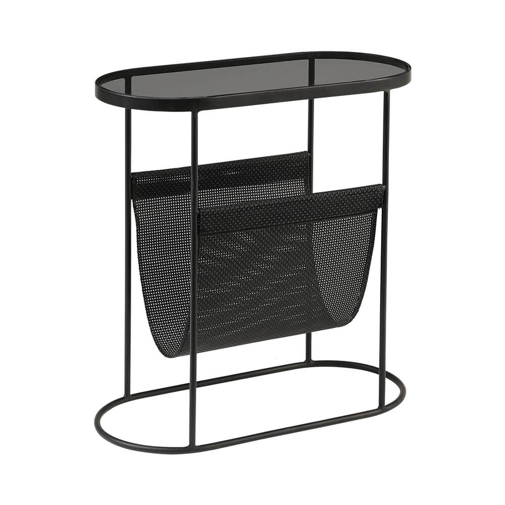 Modern Black Oval Glass End Table With Metal Frame